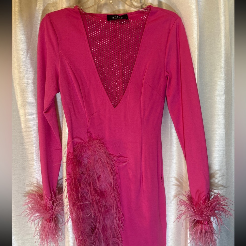 AKIRA Hot Pink Feather Rhinestone Mini Dress S Slit Party Cocktail - Picture 3 of 13